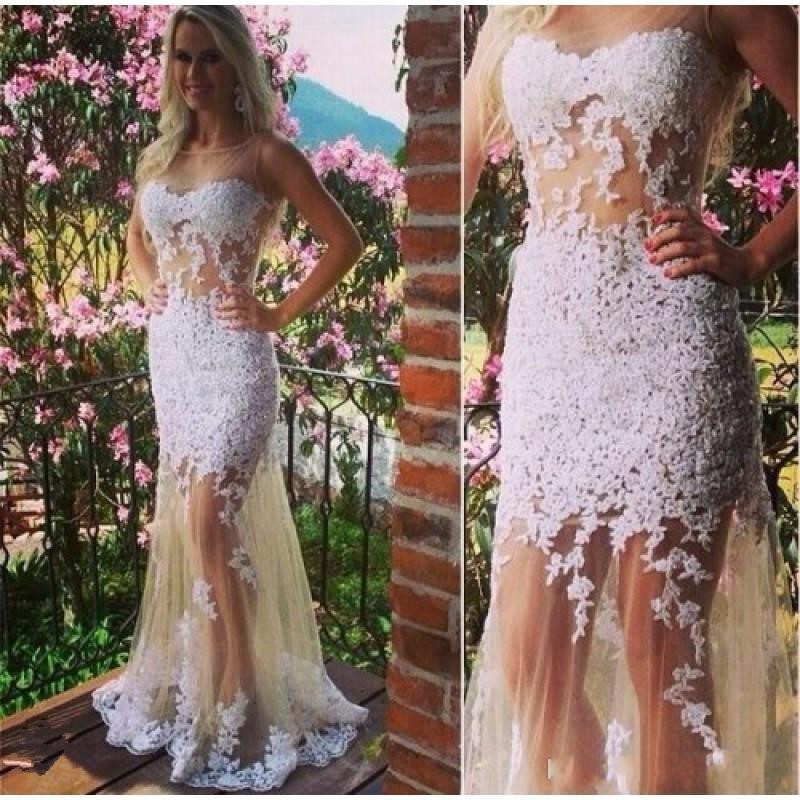 Sexy Wedding Dress Mermaid Sleeveless Jewel Floor Length Lace Applique See Through Tulle Formal Bridal Gowns, White
Sexy Wedding Dress Mermaid Sleeveless Jewel Floor Length Lace Applique See Through Tulle Formal Bridal Gowns, White
