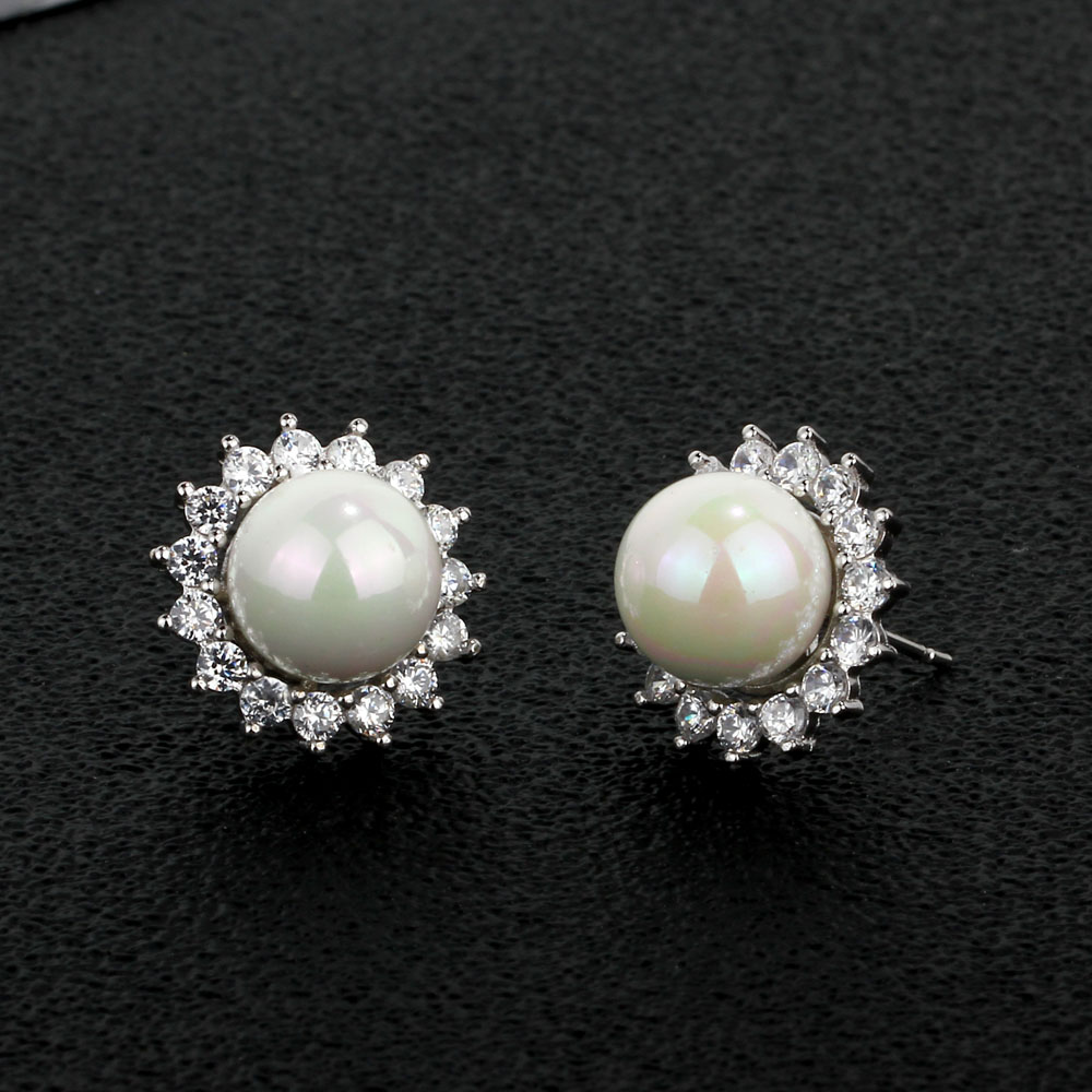 925 Sterling Silver Stud Earrings Classic 10mm Simulated Pearl With Cubic Zirconia Earrings For Women ( EA101781) 17401