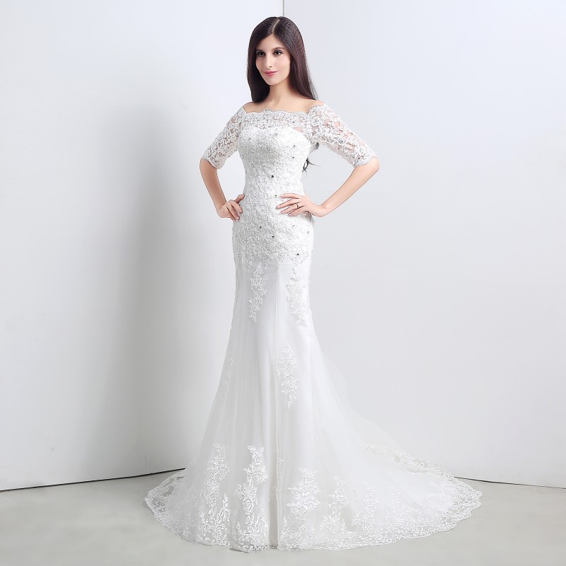 New Sexy White Cheap Mermaid Wedding Dresses 2017 Appliques Lace Up Wedding Party Bridal Gowns Stock Size 6-16 QC335