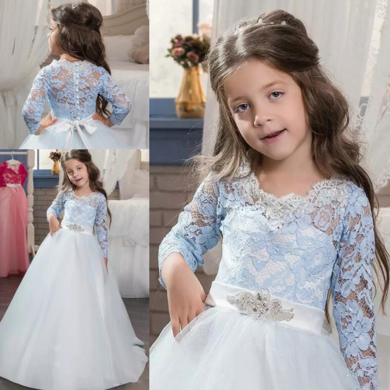 White And Light Blue Lace Flower Girl Dresses For Wedding 2017 Long Sleeves Girls Pageant Gowns With Beaded Belt Floor Length Party Dress, Pink
White And Light Blue Lace Flower Girl Dresses For Wedding 2017 Long Sleeves Girls Pageant Gowns With Beaded Belt Floor Length Party Dress, Pink