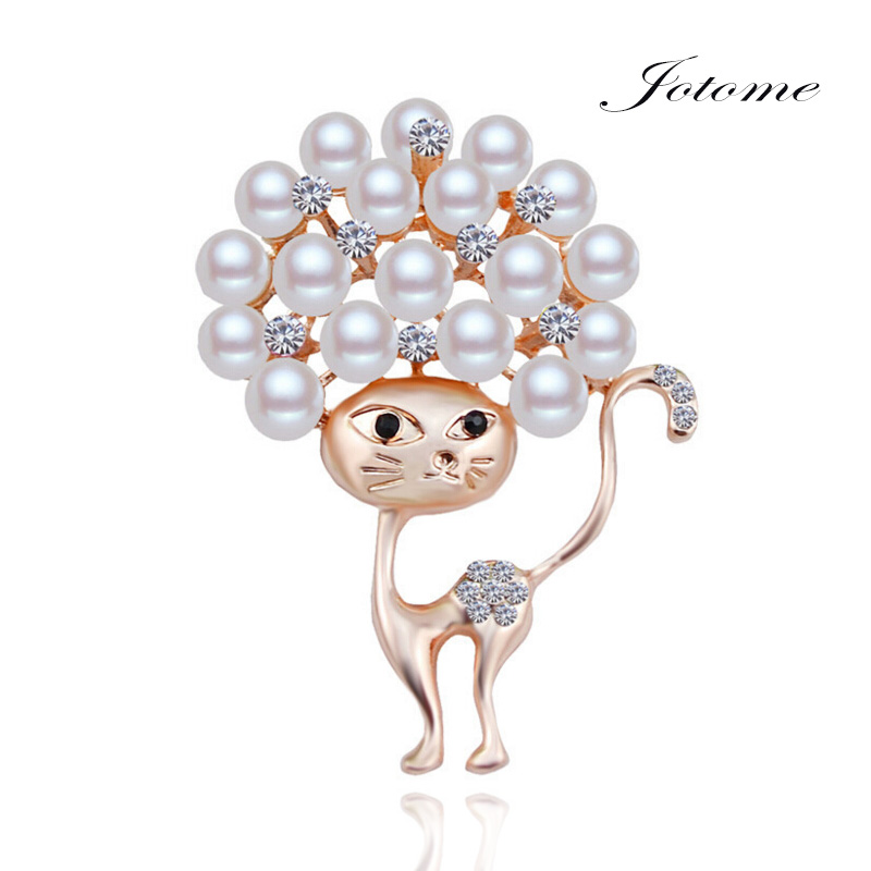 100pcs lot china wholesale newest design fashion gold crystal rhinestone diamond pearl cat animal coat brooch pin
