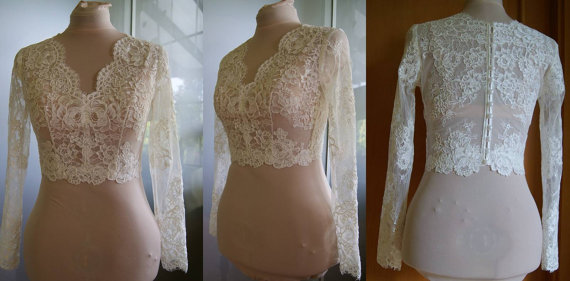 High Quality Long Sleeves Wedding Bolero Jacket Lace Ivory V-Neck Custom Made Sheer Wedding Wraps Shrugs Buttons Back Bridal Stole