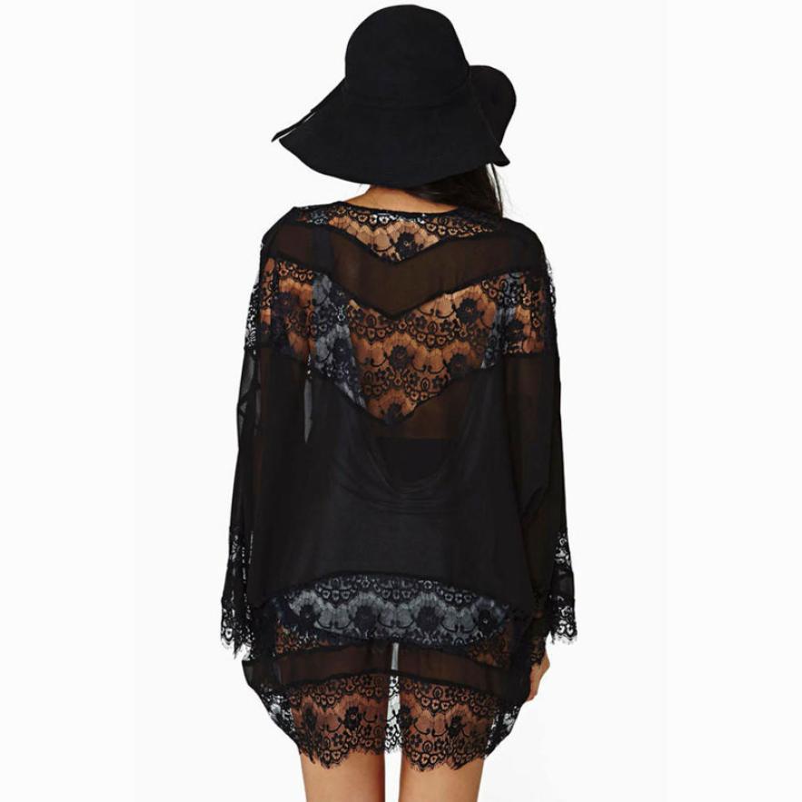 Wholesale- JECKSION Cardigan women coat,2016 Fashion Lace Splicing Hollow Out Chiffon Kimono Cardigan Tops Black Shipping #LYW