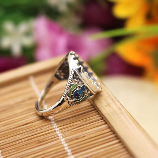 Fine Silver Chinoiserie Cloisonne Enamel 13x15mm Oval Cabochon Semi Mount 925 Silver Ring Jewelry Setting
