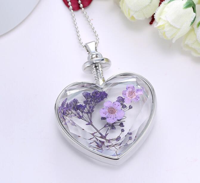 Charms purple flower Women Dry Flower Heart Glass Wishing Bottle Pendant Necklace G75
