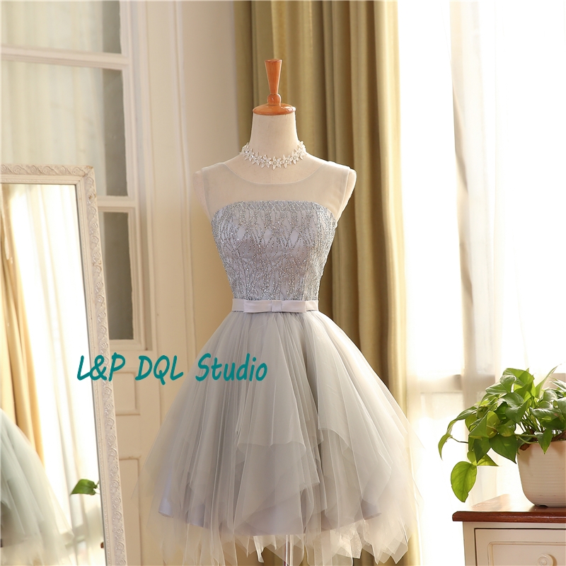 Light Gray Bridesmaid Dresses Knee-Length pleats Tulle with Sequins Bridesmaid GownsCountry Style Real Photos