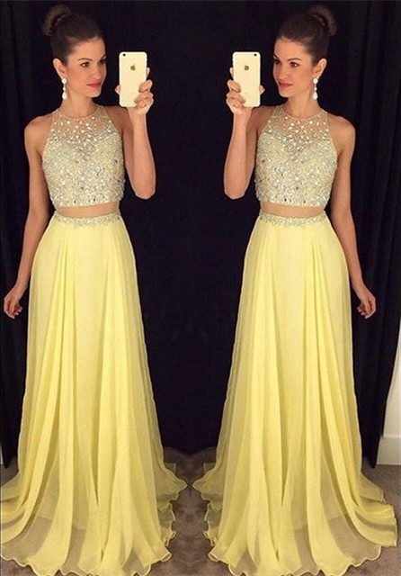Blush Pink Two Pieces Prom Dresses Jewel Neck Chiffon Beading Crystal Long Evening Gown Fashion Illusion Back Special Occasion Dresses
