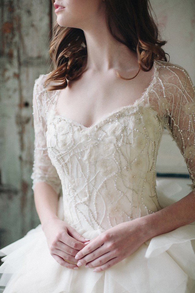 Sareh Nouri Bridal Gowns Illusion 3/4 Sleeved Keyhole Back Organza Ruffles Tiered Ball Gowns Lace Beaded Pearls Vintage Wedding Dresses