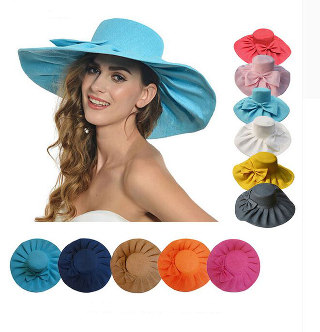 Linen Summer Womens Kentucky Derby Wide Brim Sun Hat Wedding Church Sea Beach Cap 10pcs/lot