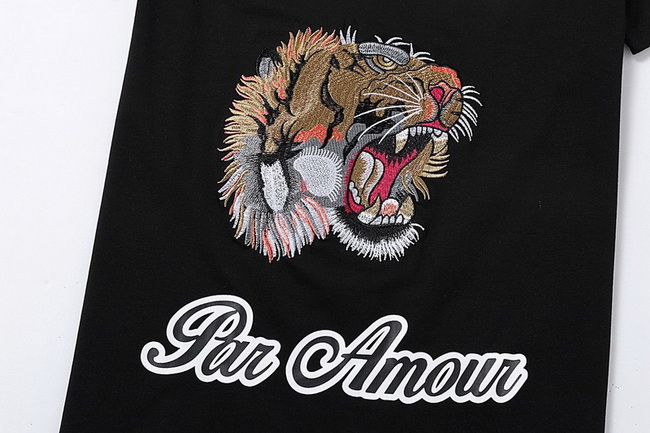 Man T-Shirt Tiger Head Embroidery Letter Tee Stretch Cotton Shortsleeves Slim Fit Style Top Male Round Neck