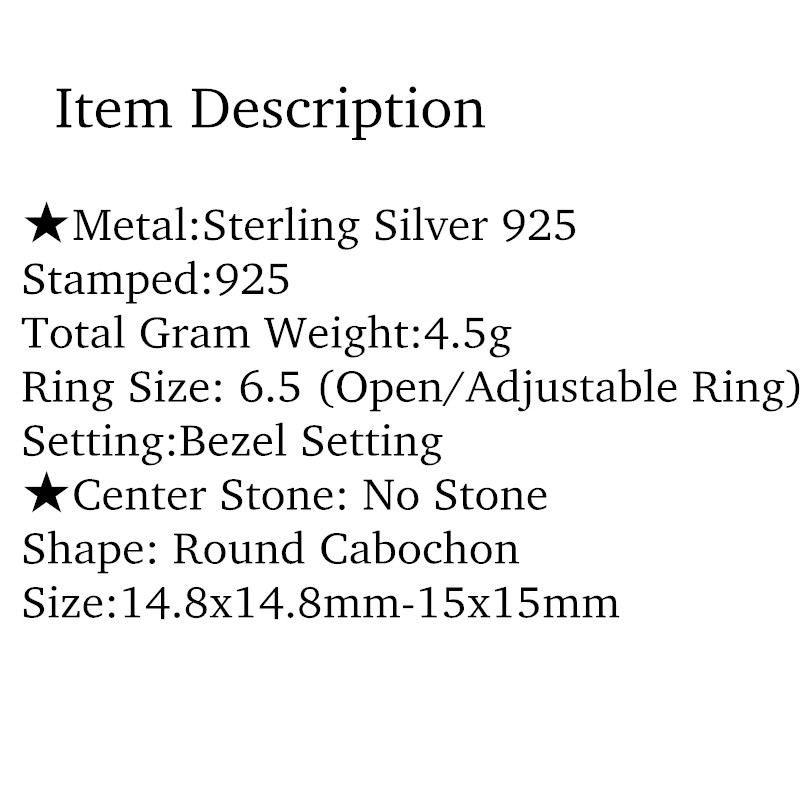 Fine Silver 14.8x14.8mm Round Cabochon Semi Mount Women Engagement Ring 925 Sterling Silver Art Deco Jewelry Setting