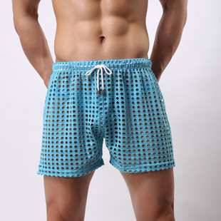 Wholesale- Novelty Men Shorts Big Mesh Loose Casual Sexy Gay Male Sex Clothing Man Sleepwear See Through Low Rise Boxer Shorts
