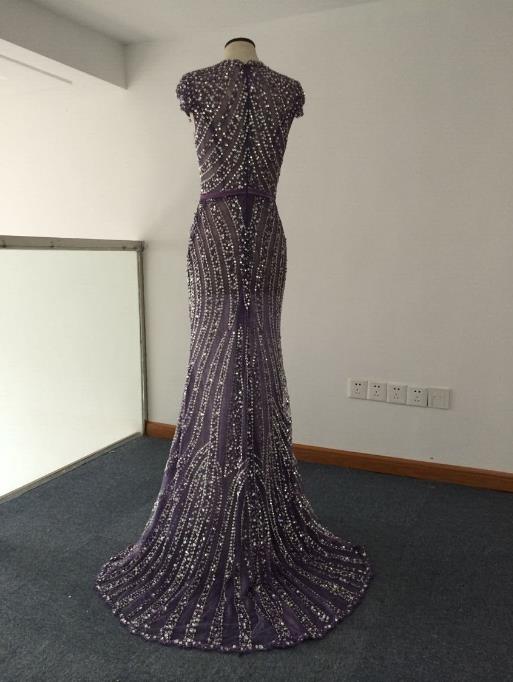 Real Images Bling Deep V Neck Mermaid Evening Gowns Beaded Vestidos Ziad Nakad Sweep Train Modest Prom Dresses High Quality Cap Sleeve