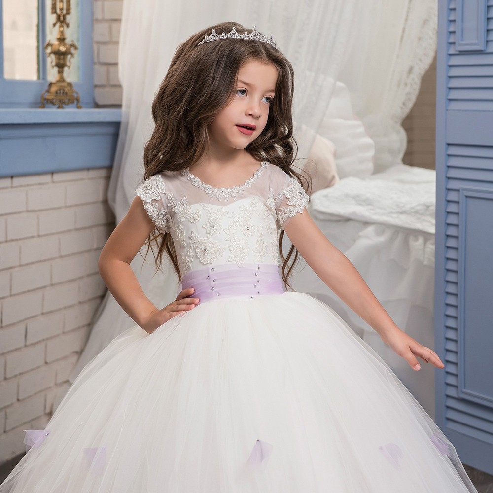 Cap Sleeves Long Lilac Flower Girls Dresses Children Beaded Applique Glitz Pageant Ball Gown White and Purple Lace Prom Dress