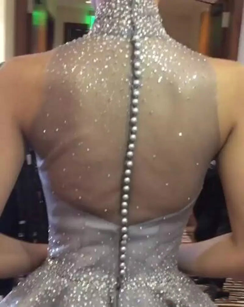 High Neck Sleeveless Prom Dresses Bling Beads Sweep Train Sexy Illusion Elie Saab Evening Dress Floor Length Formal Party Gowns