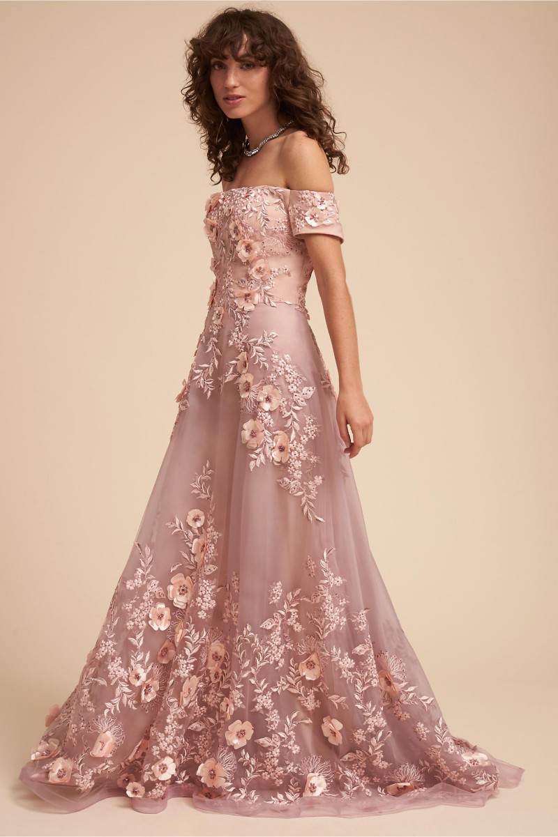 Illusion BHLDN A Line Prom Dresses Blush Pink Applique Hand Made Flower Evening Gown Bateau Neck Floor Length Custom Made Fashion Dresses