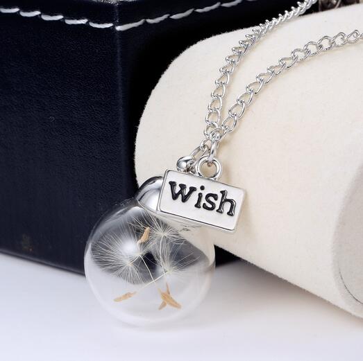 Glass bottle necklace Natural dandelion seed in glass long necklace Make A Wish Glass Bead Orb silver plated Necklace jewelry G125