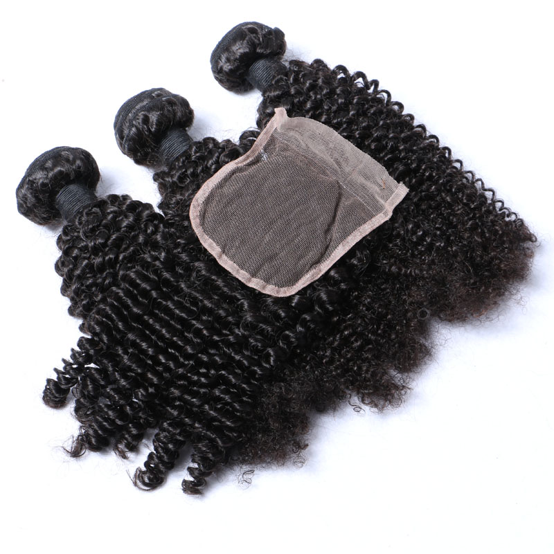 Afro Kinky Curl Brazilian Hair Bundles With Closure Human Hair Weaves Closure 4x4 Free Part Natural Color 1B Black