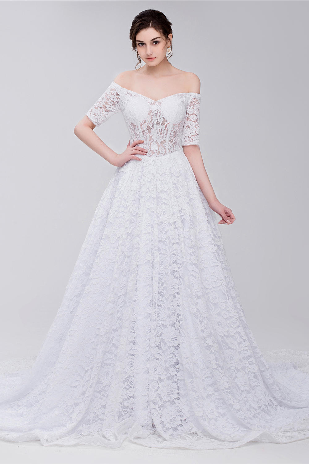 Off The Shoulder Full Lace Wedding Dress Half Sleeves See Through Corset Court Train A-line Bohemian Bridal Wedding Gowns Vestido De Novia, White
Off The Shoulder Full Lace Wedding Dress Half Sleeves See Through Corset Court Train A-line Bohemian Bridal Wedding Gowns Vestido De Novia, White