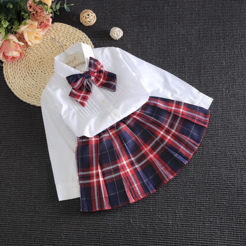 Autumn&Spring New School Style Fashion Baby Girls Dress Set White Shirt Top With Plaid Knot Tie+Plaid Mini Skirt 3 Pcs Sets 3-7T