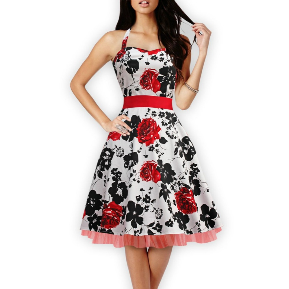 Wholesale- Audrey Hepburn vintage Halter Neck belt big swing floral dress women sexy party cocktail 50s 60s dresses robe vestidos de fiesta