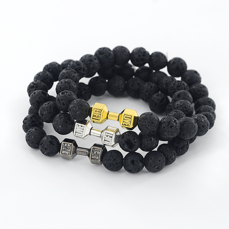 Wholesale-Mens Natural Stone Dumbbell Beaded Bracelets Unisex Black Lava Stone Beads Fitness Fit Life Prayer Bracelets Barbell Jewelry