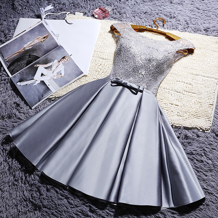 silver gray party dresses arrival real photos satin with lace prom gowns kneelength red royal blue champagne red cocktail dress