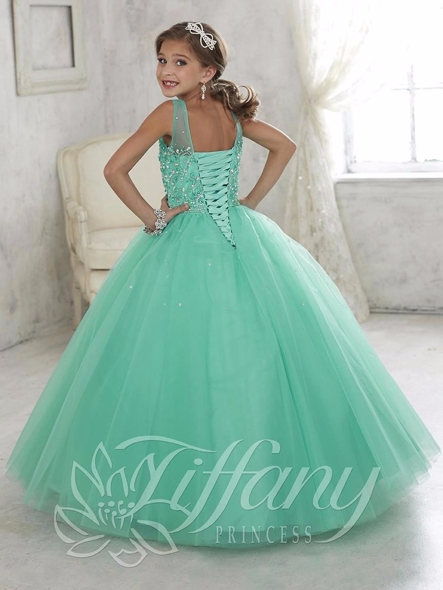 Gorgeous Communion Christmas Pageant Dresses for Girls Tulle Beaded Crystal Ball Gown Lace Up Tulle Mint Green Flower Girl Dresses Cheap