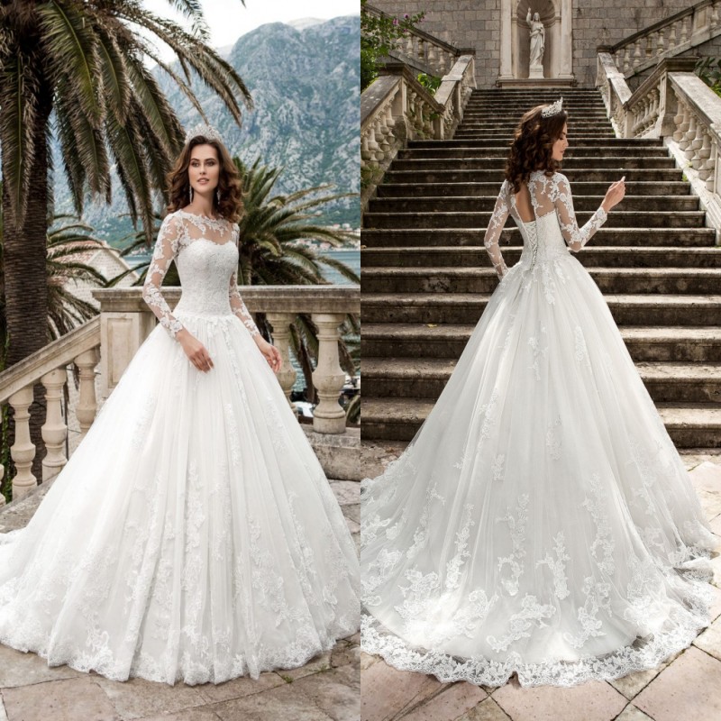 Sheer Long Sleeves Lace Wedding Dresses Ball Gown Jewel Neck Appliques Wedding Bridal Gowns With Lace Up Back Vesrtidos