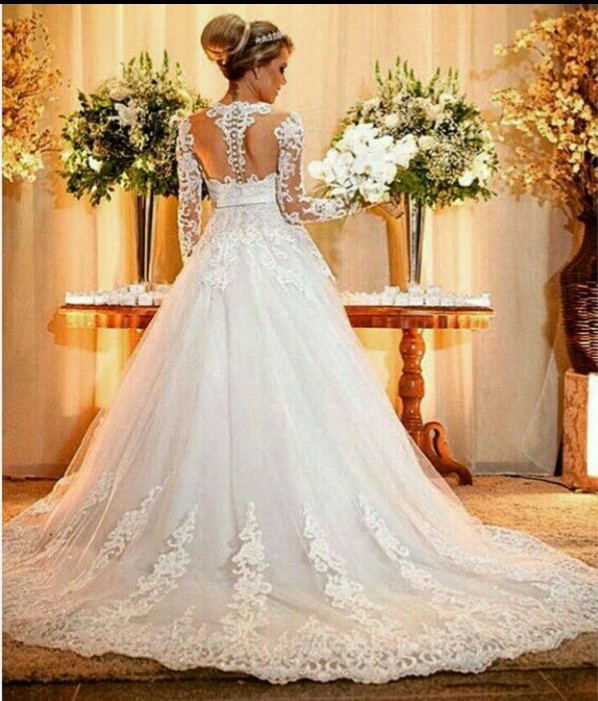 Ball Gown Sheer Long Sleeve Wedding Dresses Lace Applique Beaded V-neck Bridal Gowns Chapel Train Vestido De Casamento Actual Image