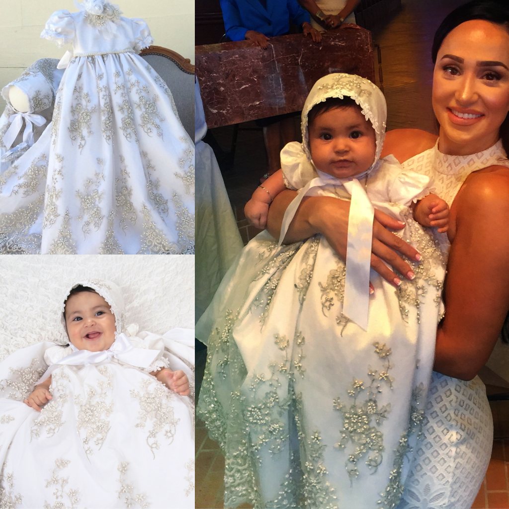 2019 Designer New Christening Gowns For Baby Girls Jewel Neck Lace Appliqued Baptism Dresses First Communication Dress With Bonnet