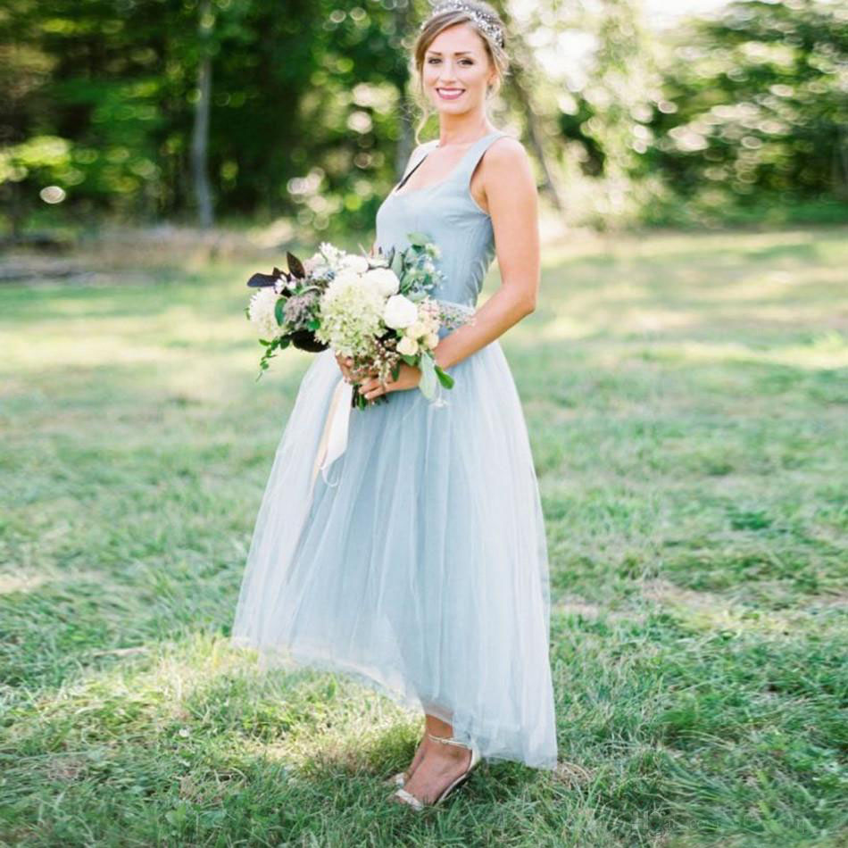2017 Ice Blue Tulle Country Bridesmaid Dresses Long Cheap Satin High Low Prom Party Maid Of Honor Gowns Custom Made Plus Size EN11141
