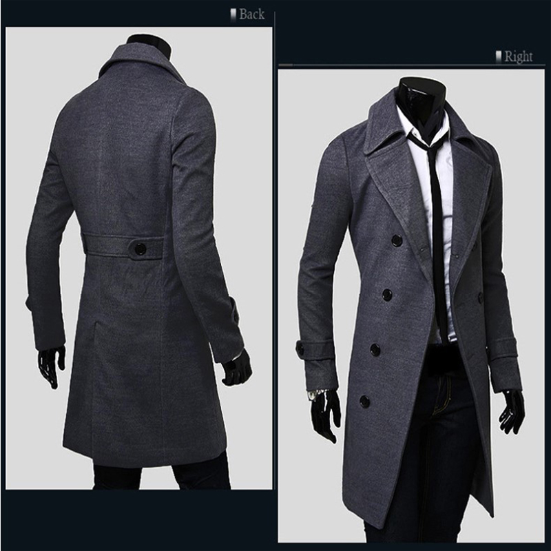 New Brand Winter mens long pea coat Men's wool Coat Turn down Collar Double Breasted men trench coat black brown grey size M-XXXL
