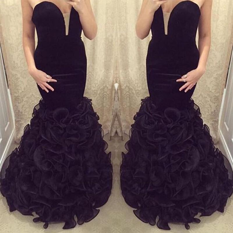 African With Ruffles Sweetheart Black Veet Mermaid Evening Club Wear Party Dresses Prom Gowns Custom Made 0510