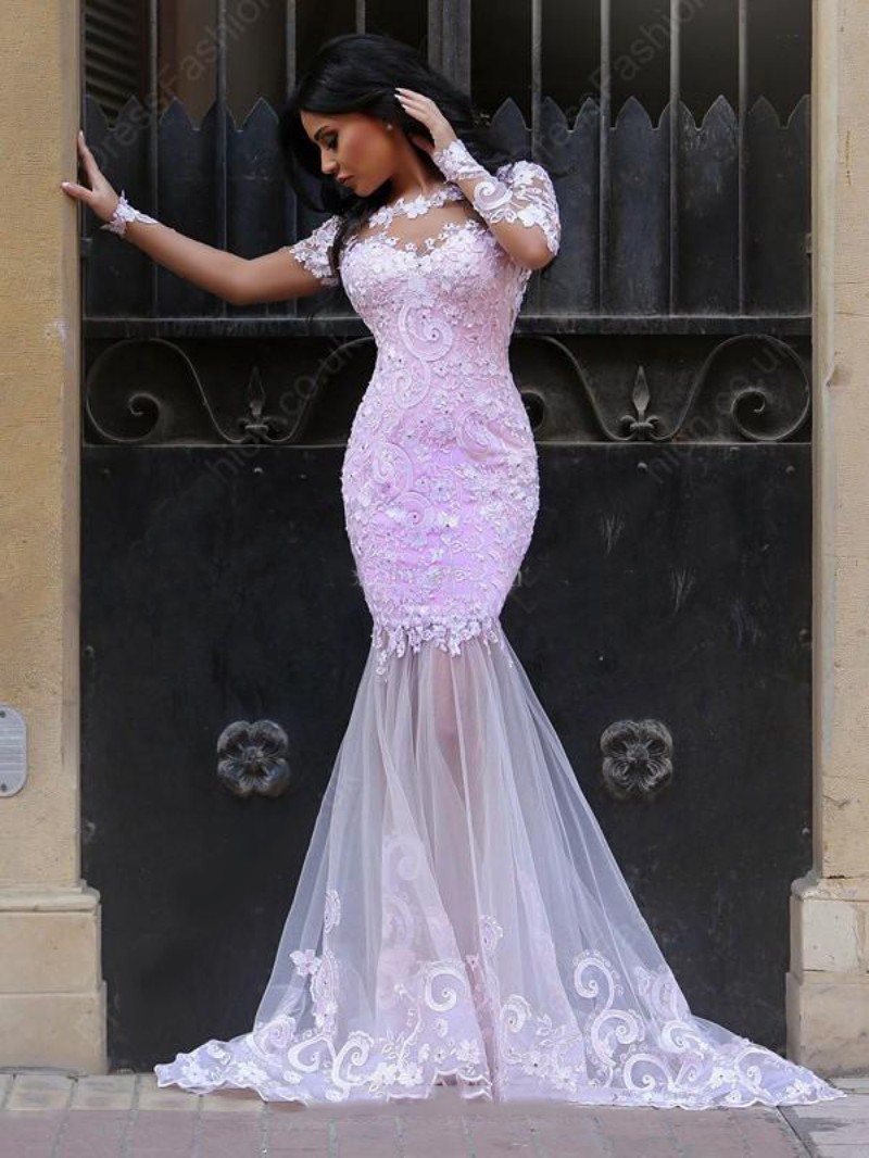 Elie Saab Pink Mermaid Evening Dresses Lace Applique Beads Dubai Arabic Long Sleeve Formal Dress Sweep Train Illusion Prom Gown Party Wear
