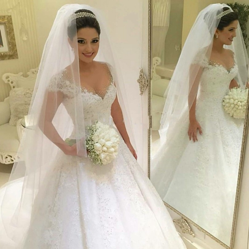 Sexy Ball Gown Princess Beaded Plus Size Wedding Dress Bridal Ivory White Cap Sleeve Lace Vintage Wedding Gowns Vestido De Noiva