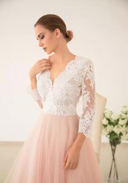 Fairy 2017 Ivory Lace Peach Tulle Country Wedding Dresses Cheap V Neck Illusion 3/4 Long Sleeves Bridal Gowns Custom Made China EN8057