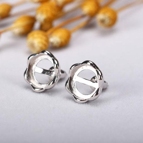 Fine Silver 9x9mm Round Cabochon Semi Mount Engagement Stud Earrings 925 Sterling Silver