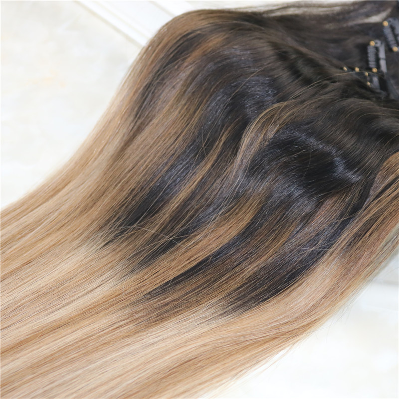 #2/6/18 Clip In Human Hair Extensions Balayage Ombre Medium Brown With Ash Blonde Balayage Highlights 120gram 7Pieces
