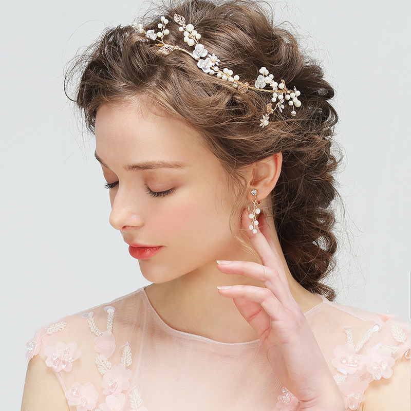 

Sweet Wedding Hair Vine Bridal Headpiece Gold Ivory Wedding Headband Hair Accessory Crystal Pearls With Bridal Earrings