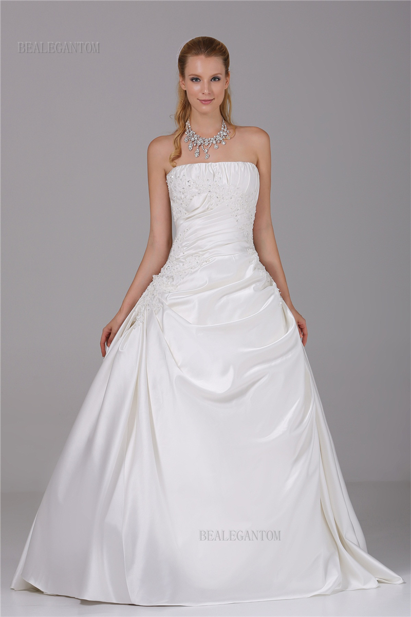 newest elegant strapless satin wedding dresses aline embroidery appliques beaded plus size wedding party bridal gowns bm45