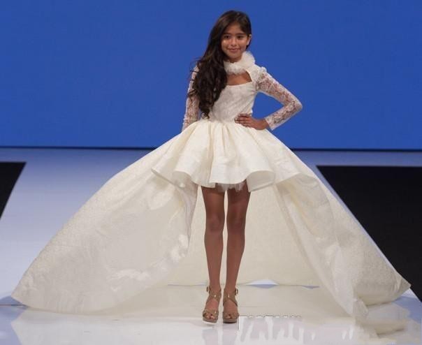 High Low New Girls Pageant for Teens Halter Neck Satin Lace Long Sleeves Party Birthday Wear Gpwns Flower Girl Dresses