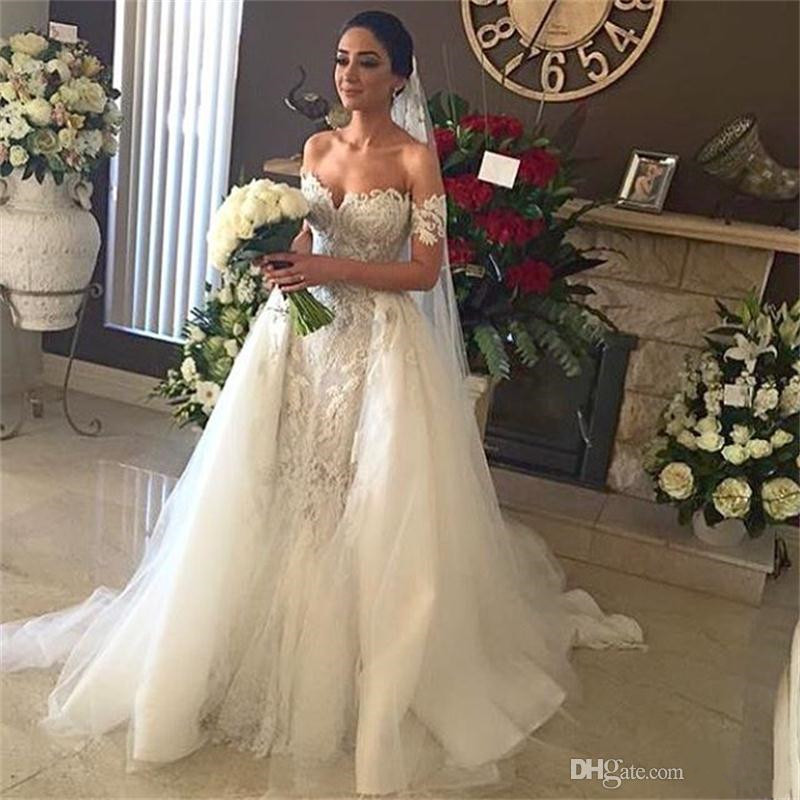 Sexy Lace Wedding Dresses With Removable Tulle Overskirt Mermaid Backless Off The Shoulder Bridal Gowns Long Train