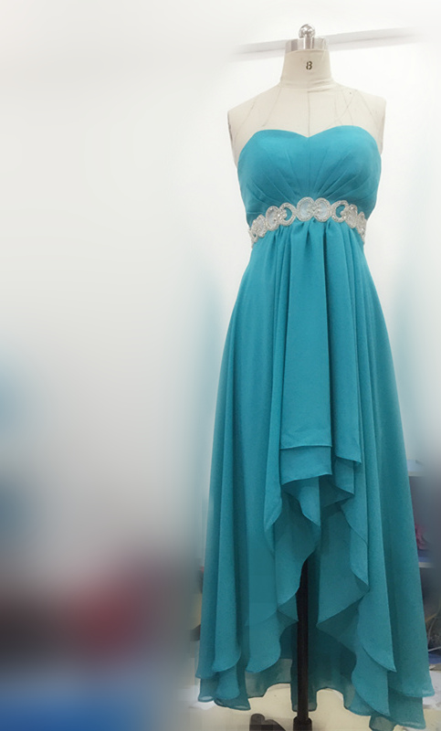 Real Image Hot Country Western High Low Turquoise Bridesmaid Evening Party Gowns Hi-Lo Aqua Blue Chiffon Prom Dresses Crystal Sash 0510