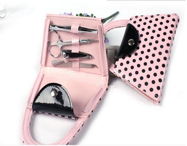 50sets/lot Free Shipping Bridal Shower Favors Pedicure Set Pink Polka Dot Purse Manicure Set Wedding Party Gift Favors