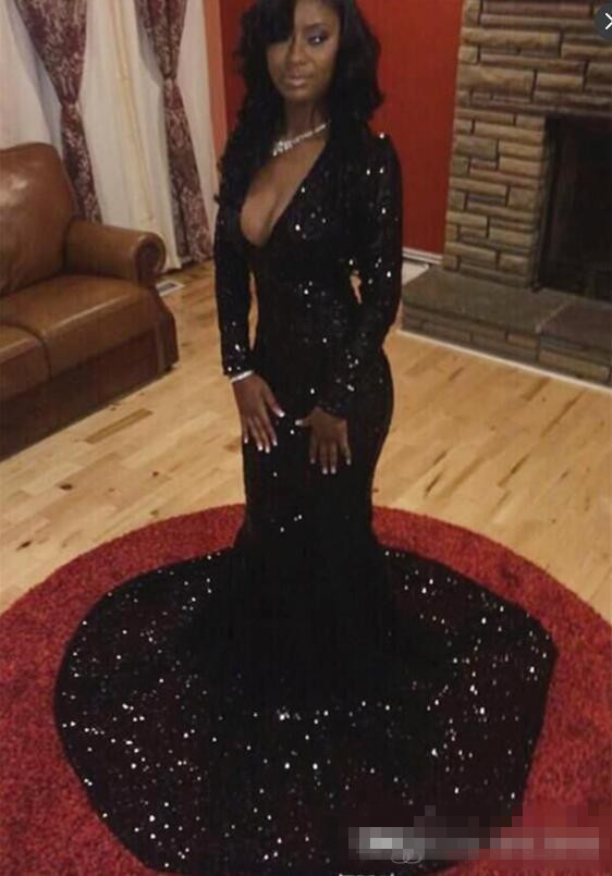 Bling Long Sleeves Sequins Mermaid Prom Dresses 2019 Sexy Plunging Neckline Court Train Evening Gowns Women Formal Party Dresses Cheap