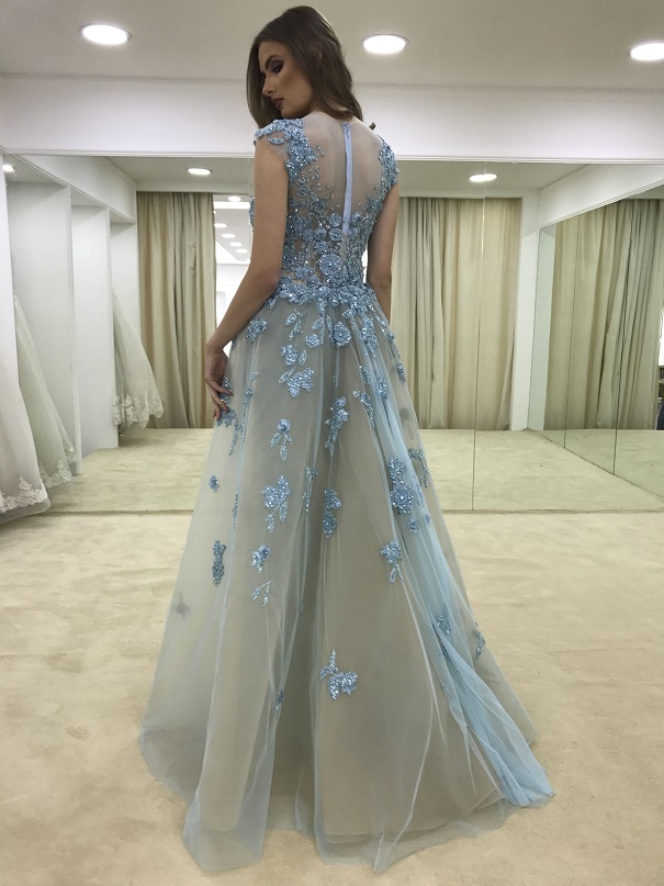 Elegant Beaded Overskirt Formal Dresses Evening Wear Sheer Bateau Neck A-Line Evening Gowns Sleeves Floor Length Appliques Tulle Prom Dress