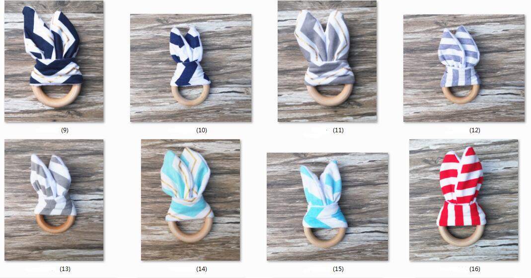 10pcs Baby Teethers 28 Colors Natural Wood Circle With Rabbit Ear minky dots Fabric Newborn Teeth Practice Toys Training Handmade Ring YE003
