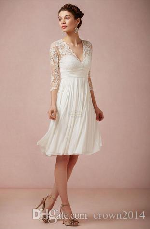 Lace Knee Length Beach Wedding Dress With V-Neck 3/4 Sleeve Ruffles Empire Backless Chiffon Summer Short Bridal Gowns Fashion