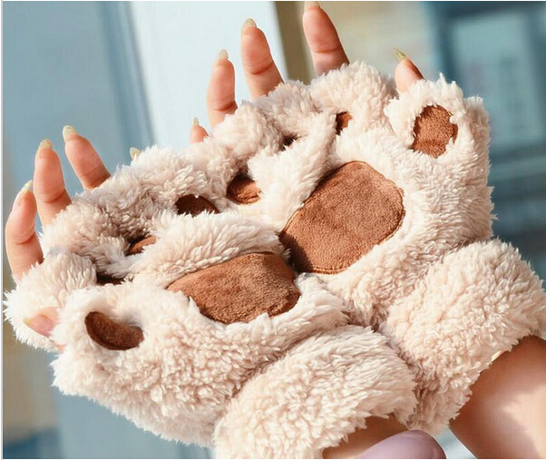 Woman Winter Fluffy Bear/Cat Plush Paw/Claw Glove-Novelty soft toweling lady's half covered gloves mittens christmas gift G390